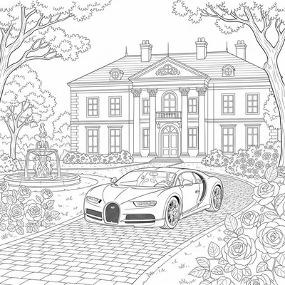 Bugatti parkerad vid en herrgård