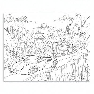Bugatti kör längs en bergsväg