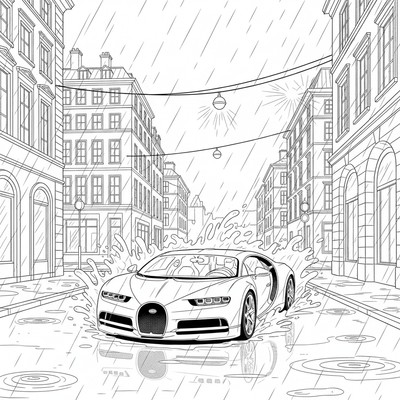 Bugatti kör genom regnig stadsgata