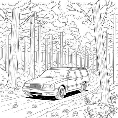 Volvo V70 kör genom skogen