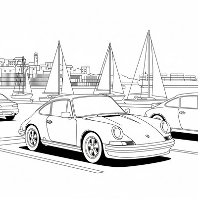 Porsche står på en parkeringsplats vid hamn
