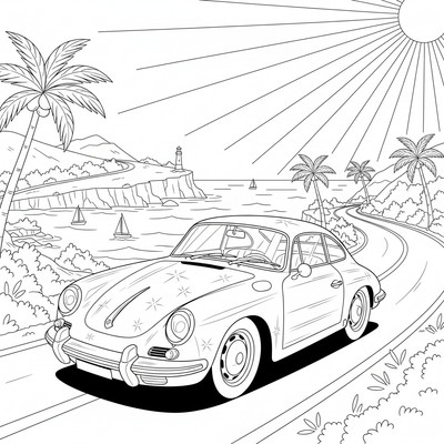 Porsche glänser i solsken vid kusten