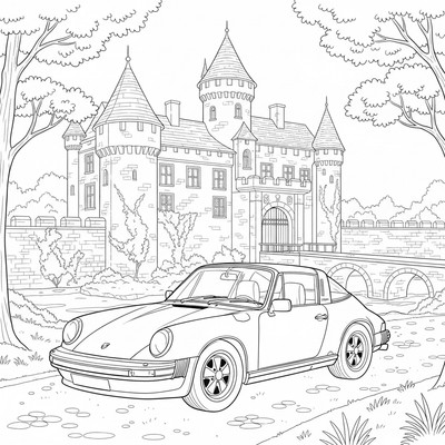 Porsche står parkerad vid ett slott