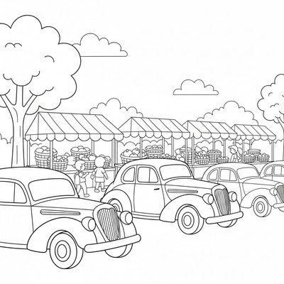Gamla bilar parkerade på en marknad