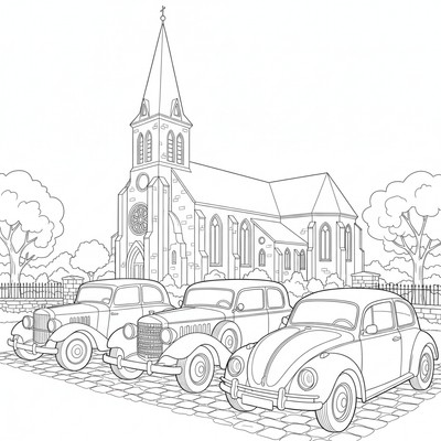 Gamla bilar står vid en kyrka