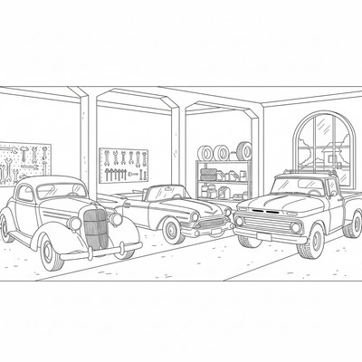 Gamla bilar står i ett garage