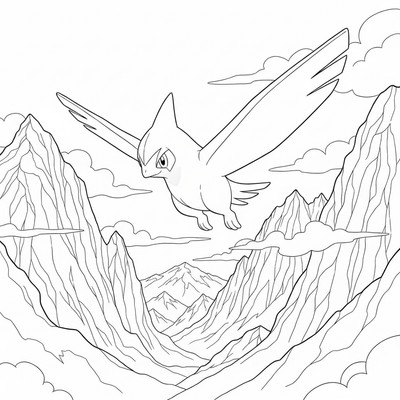 Latios svävar mellan höga bergstoppar