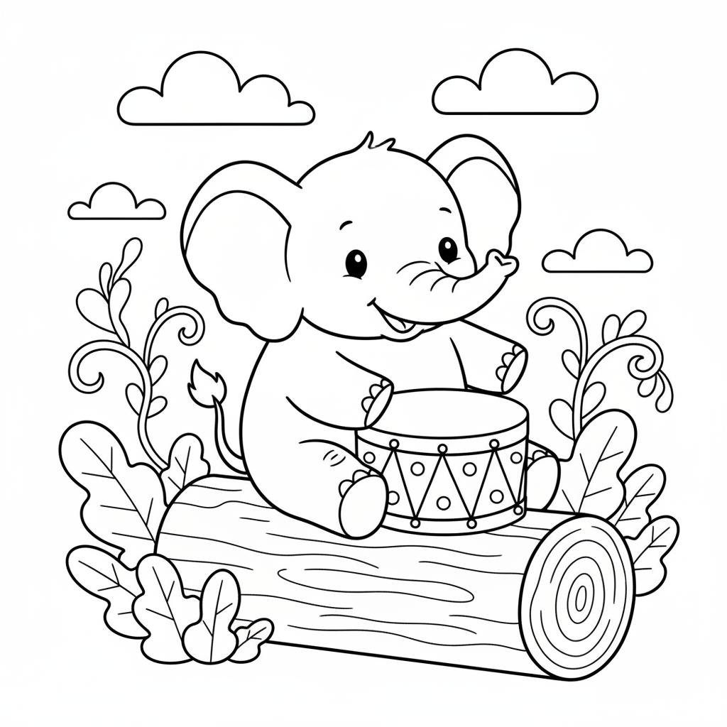 Elefant som spelar trumma på en trädstam