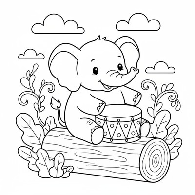 Elefant som spelar trumma på en trädstam
