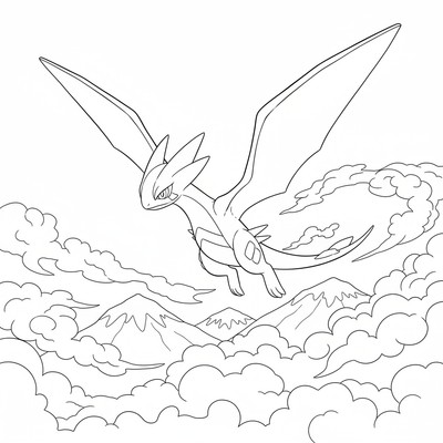 Latios flyger genom snötäckta moln