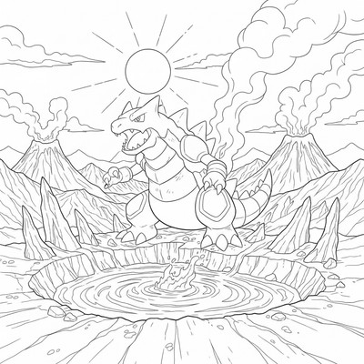 Groudon står vid kanten av en vulkan