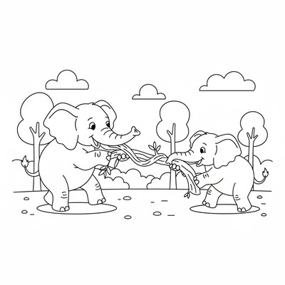 Två elefanter som leker dragkamp med en gren