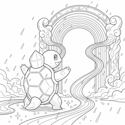 Terapagos står vid en port i regnbågsglans