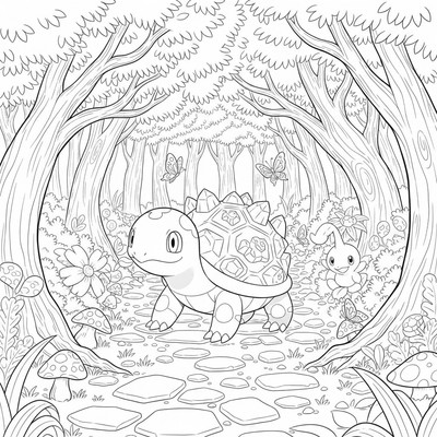 Terapagos vandrar på en stig i skogen