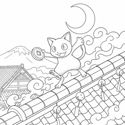 Meowth balanserar på ett hustak