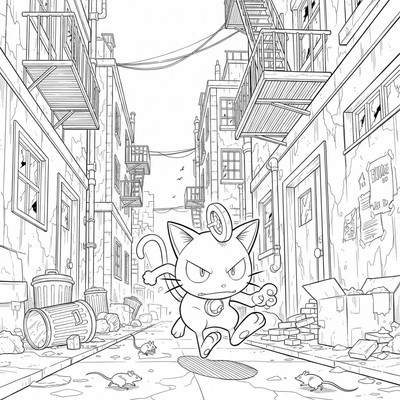 Meowth springer genom en mörk gränd
