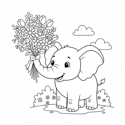 Elefant som bär blommor i snabeln