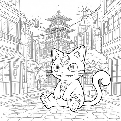 Meowth sitter på en gata i stadens ljus