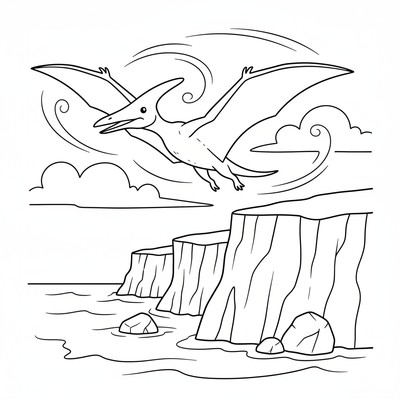 Pterodaktyl svävar över havsklippor