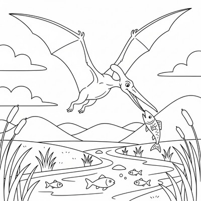 Pterodaktyl jagar fisk i en flod