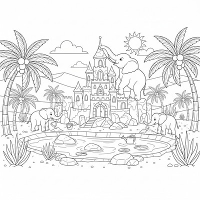 Elefanter som bygger sandslott vid en oas