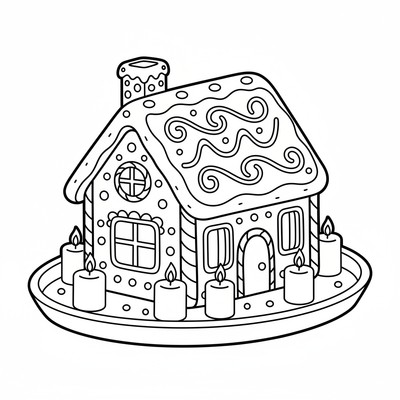 Pepparkakshus står på en bricka med ljus