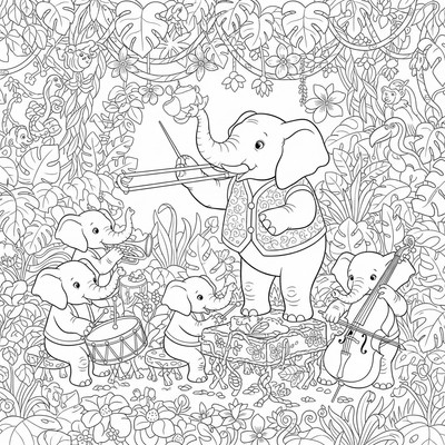 Elefantorkester med olika instrument i djungeln