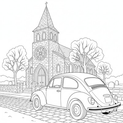 Volkswagen bubbla parkerad vid kyrka