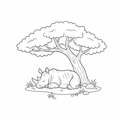 Noshörning som sover under ett träd