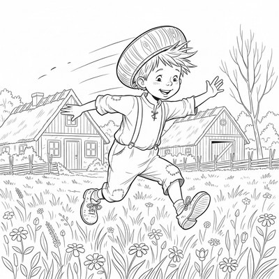 Emil i Lönneberga springer med sin trähatt