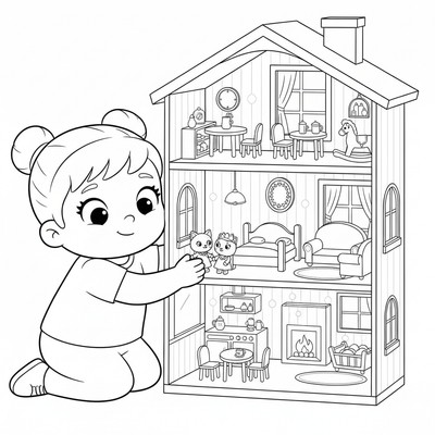 Gabby leker med små figurer i dockskåpet