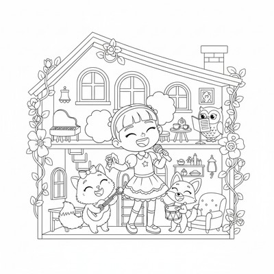 Gabby sjunger med vännerna i dockskåpet