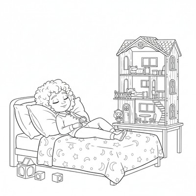 Gabby vilar på sin säng bredvid dockskåpet