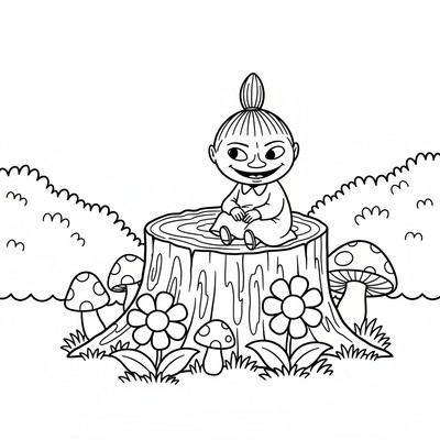 Lilla My sitter på en stubbe och ler