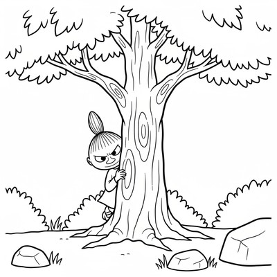 Lilla My gömmer sig bakom ett träd