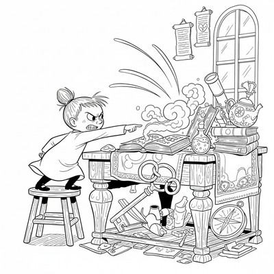 Lilla My står vid ett bord och pekar