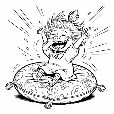 Lilla My sitter på en kudde och skrattar