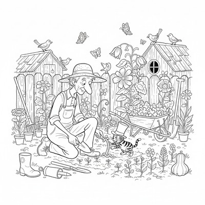 Pettson och Findus arbetar i trädgården