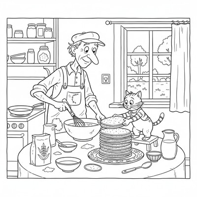 Pettson och Findus bakar pannkakstårta