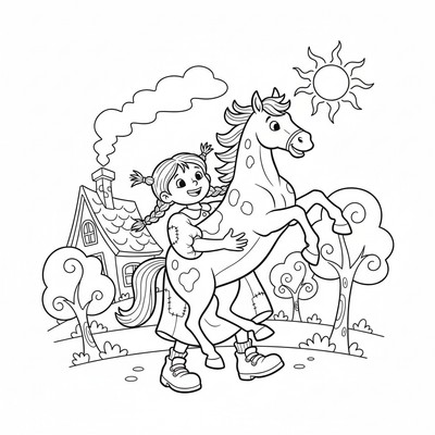 Pippi Långstrump lyfter sin häst