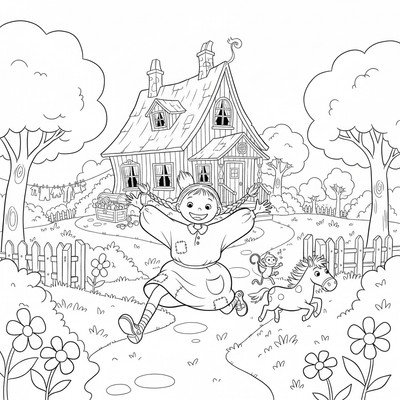 Pippi Långstrump springer genom Villa Villekulla