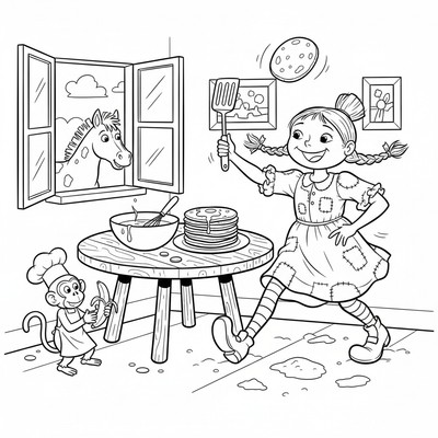 Pippi Långstrump bakar pannkakor