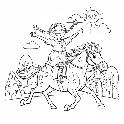 Pippi Långstrump rider på sin häst