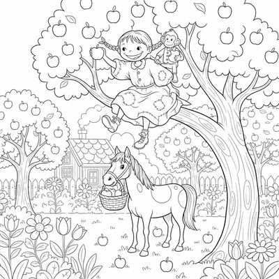 Pippi Långstrump plockar äpplen i trädgården