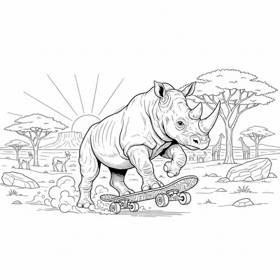 Noshörning som rider på skateboard över savannen