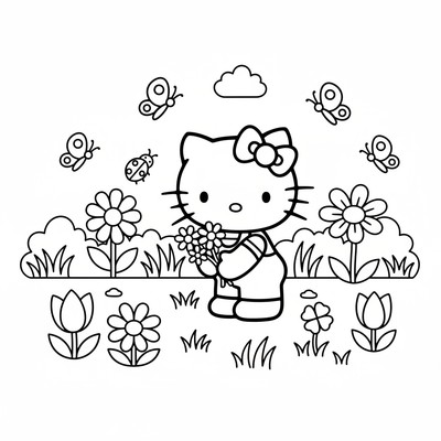 Sanrio Hello Kitty plockar blommor på ängen