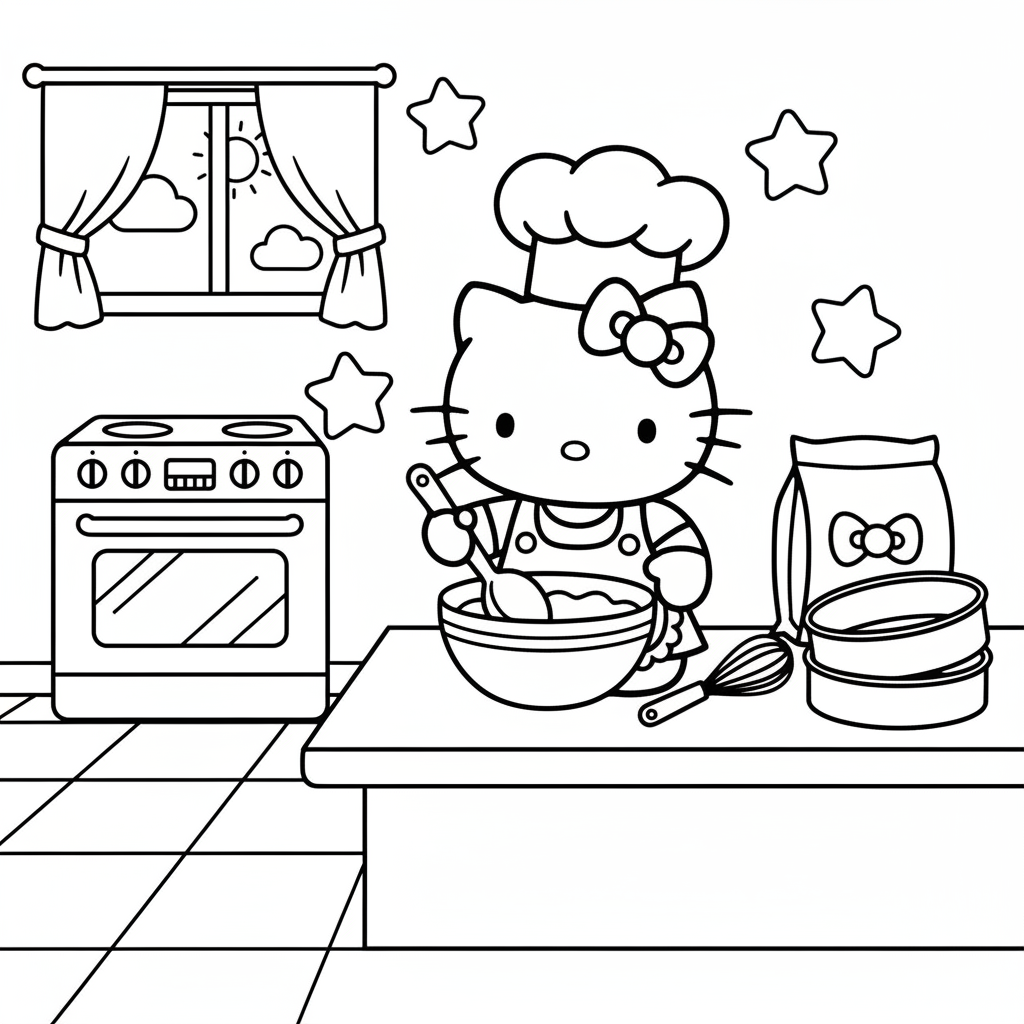 Sanrio Hello Kitty bakar en tårta i köket