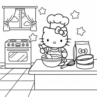 Sanrio Hello Kitty bakar en tårta i köket