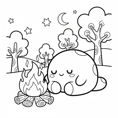 Rainbow Friends Orange sover vid en eld
