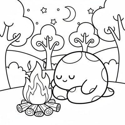 Rainbow Friends Orange sover vid en eld
